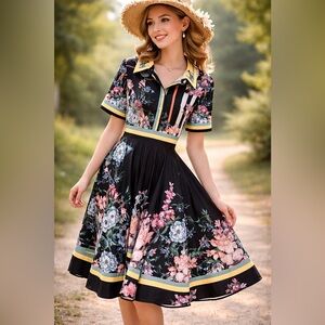 Dalia McPhee Red Carpet Designer-Floral Shirt Dress  Cottagecore Bridal Summer